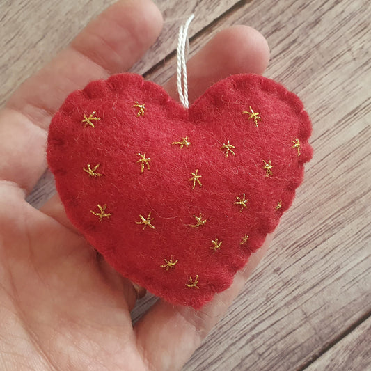 Heart ornament with embroidered gold stars - felt decoration for Valentine's day Christmas Baby's shower decor Nursery idea - gift for her