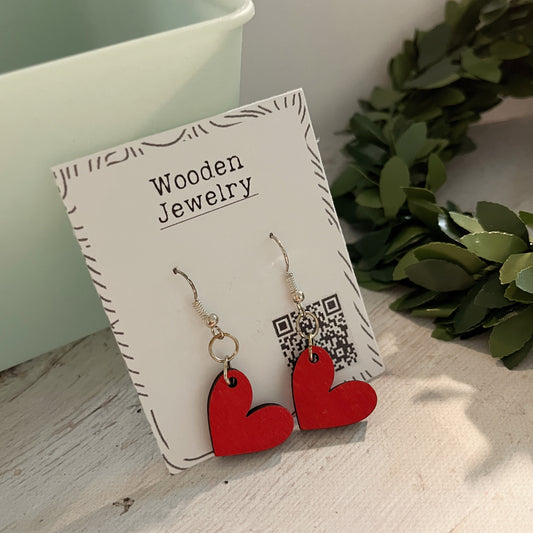 Red Heart Dangle Earrings – Hand Painted Wood Earrings – Valentine Gift Idea – Cute Lightweight Jewelry for Her