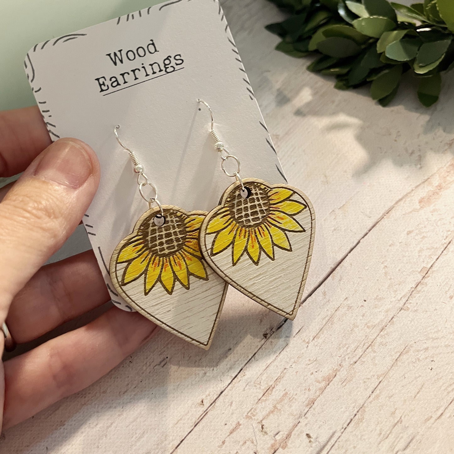 Sunflower Dangle Earrings – White Rustic Wooden Earrings – Hand Painted Birch Jewelry – Floral Summer Earrings for Her