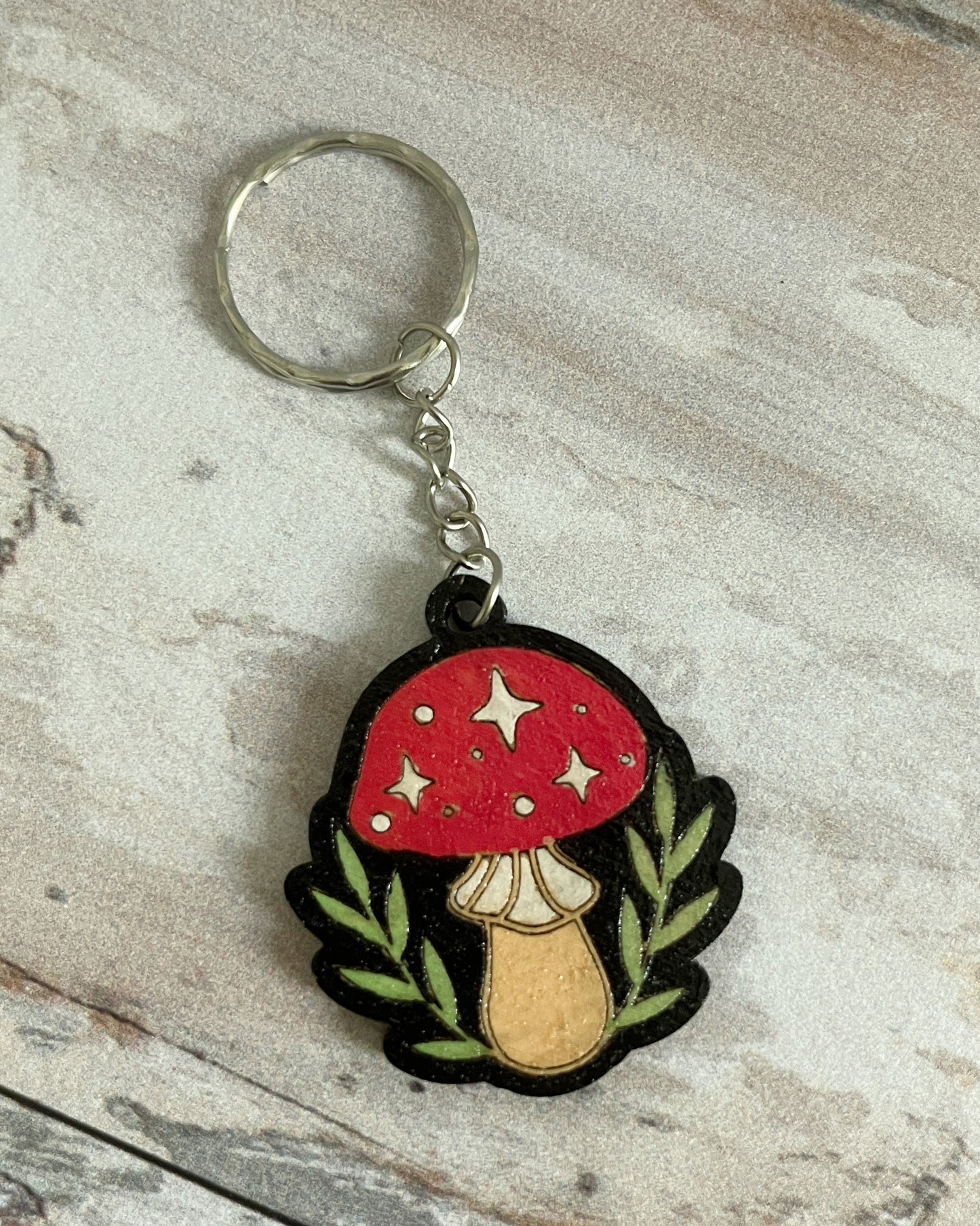 Handmade Colorful Wooden Keychain – Laser-Cut & Hand-Painted Magical Mushroom – Limited Edition – Unique and Durable Plywood Keychain