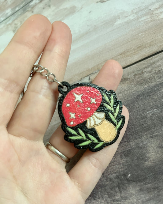 Handmade Colorful Wooden Keychain – Laser-Cut & Hand-Painted Magical Mushroom – Limited Edition – Unique and Durable Plywood Keychain