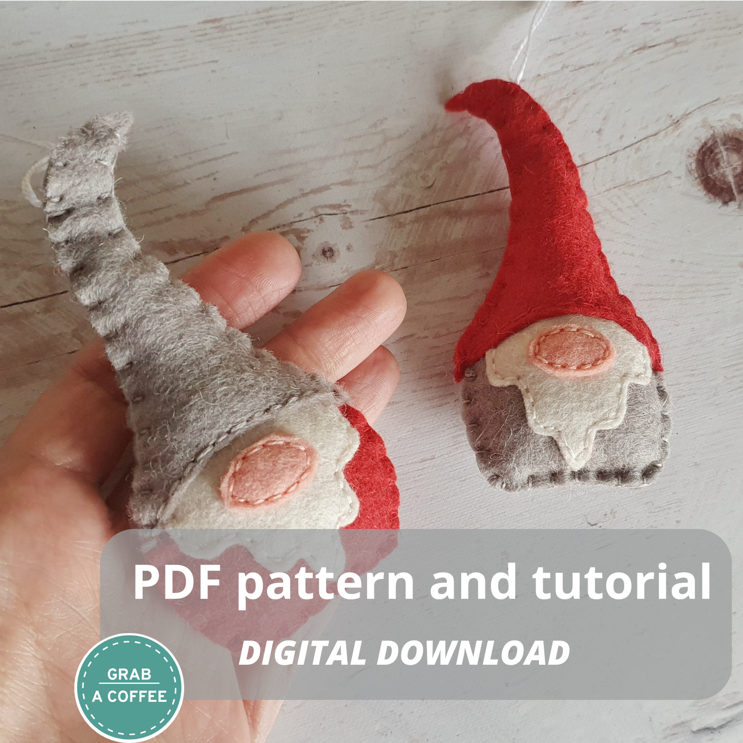 DIY Felt Gnome Ornament Pattern PDF – 6 Designs + Illustrated Tutorial & Basic Stitch Guide – Handmade Christmas Decoration Sewing Template