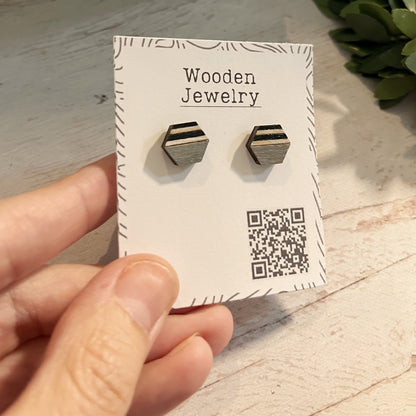 Black White Gray Geometric Stud Earrings – Small Modern Earrings Set – Laser Cut Birch Wood Jewelry – Minimalist Handmade Earrings