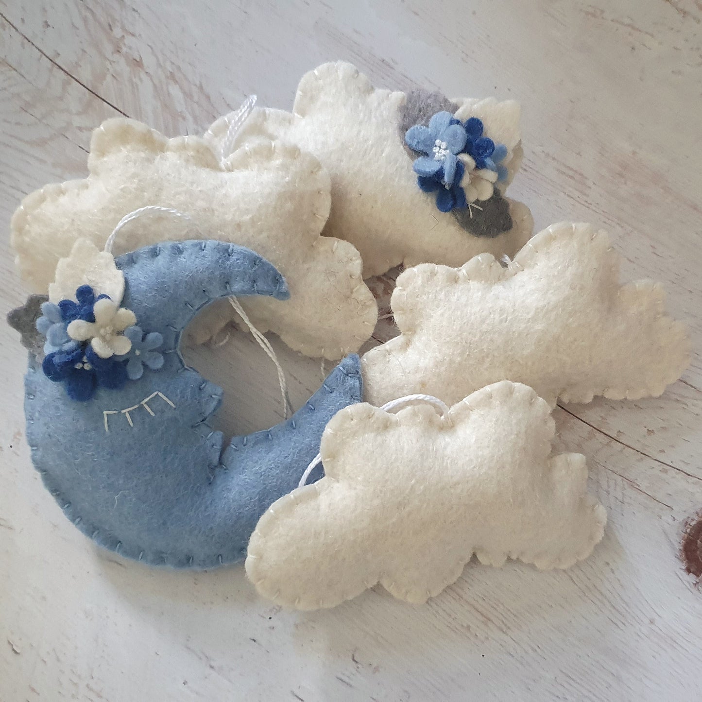 Cloud ornament with blue flowers - felt ornaments