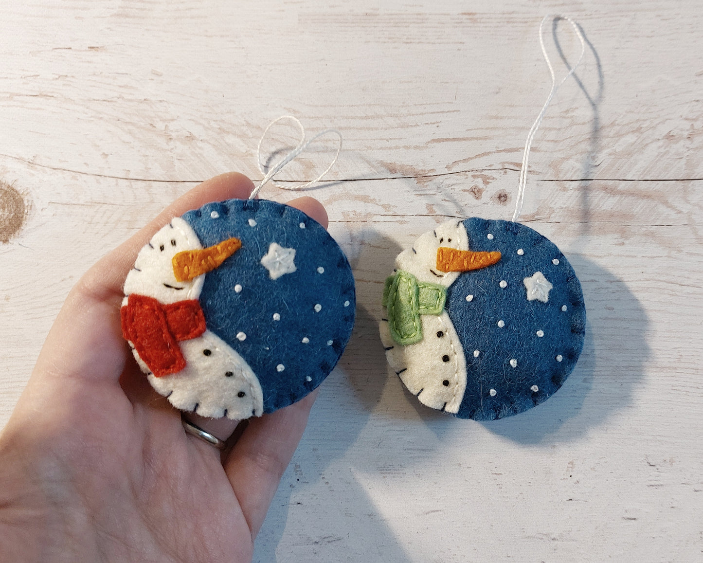 Blue bauble ornament with snowman, felt decoration