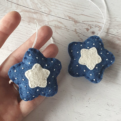 Felt star ornament set of 2, blue Christmas decoration, felt stars