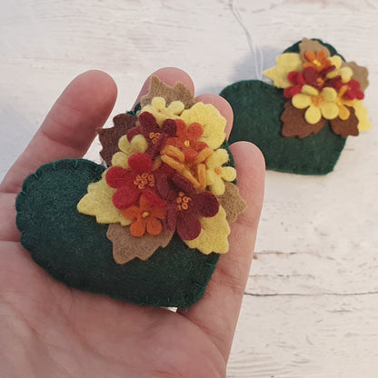Fall flowers heart ornament - felt home decoration