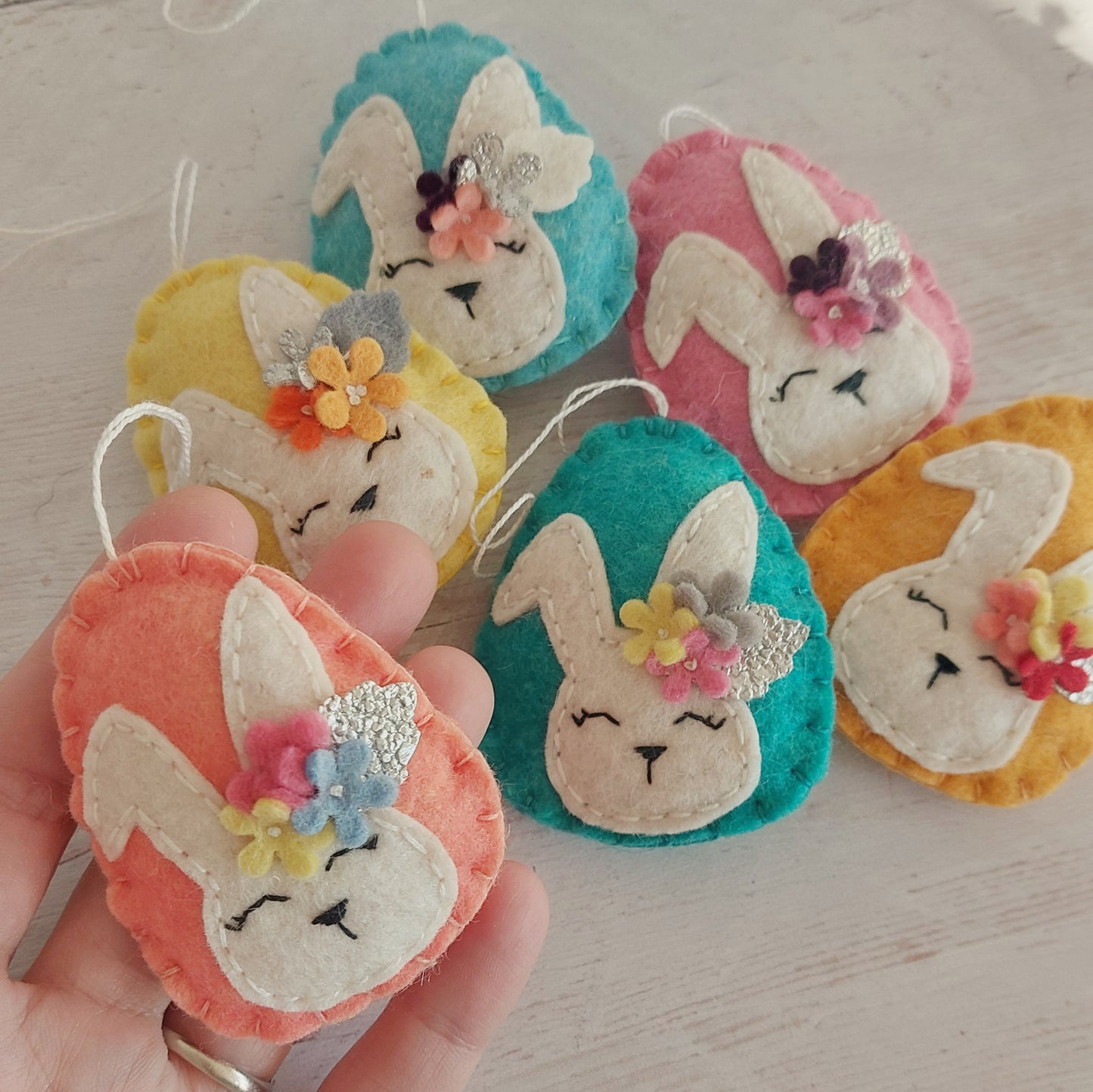 Easter bunnies with flowers, Easter egg ornament, Spring decoration