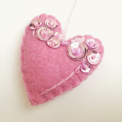 Heart ornament - felt ornaments with sequins - Valentine's day decoration