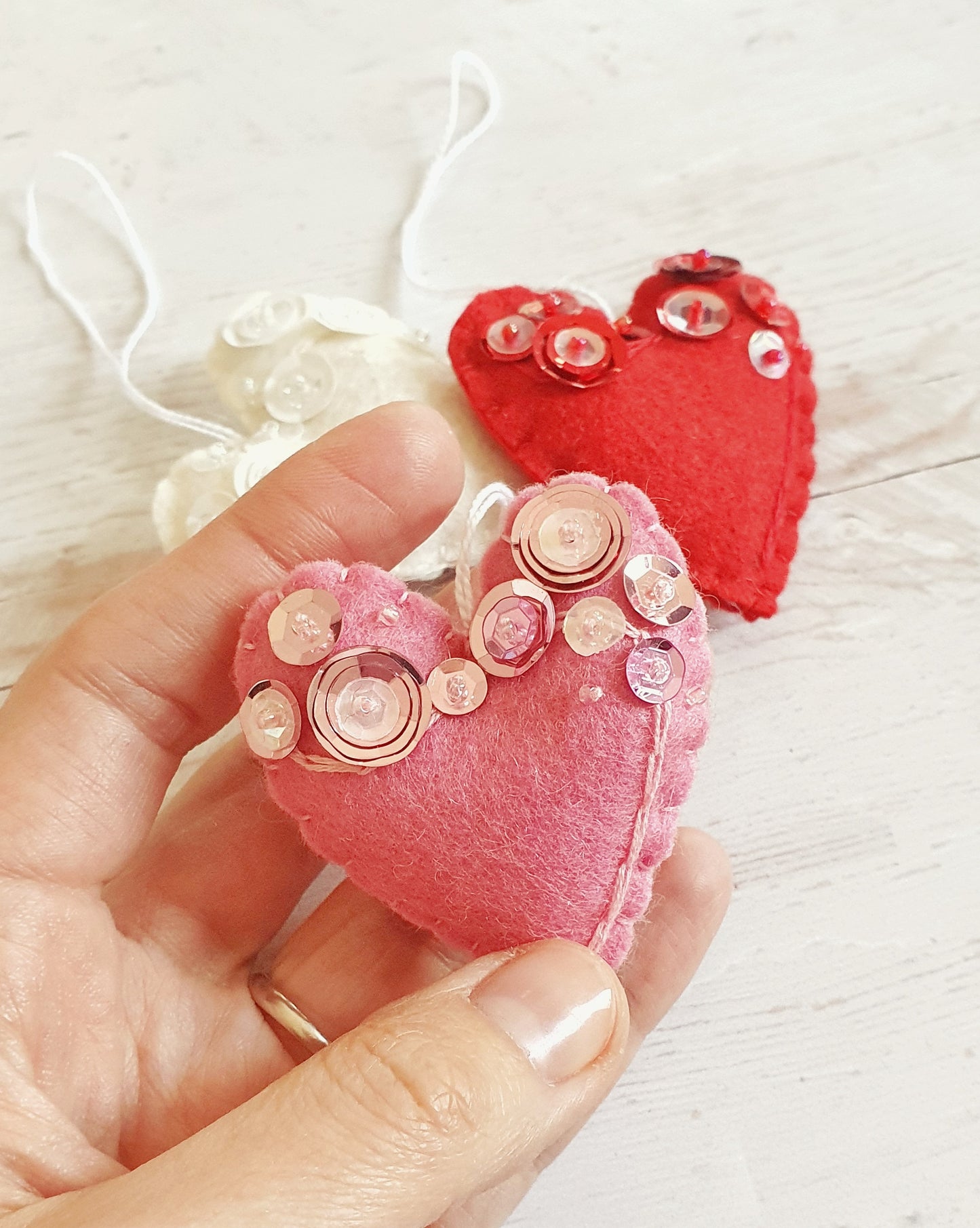 Heart ornament - felt ornaments with sequins - Valentine's day decoration