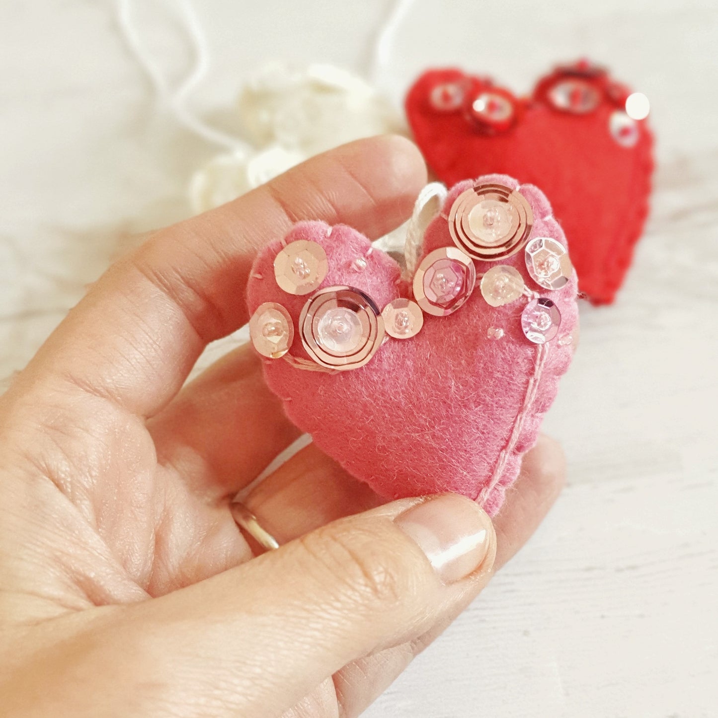 Heart ornament - felt ornaments with sequins - Valentine's day decoration