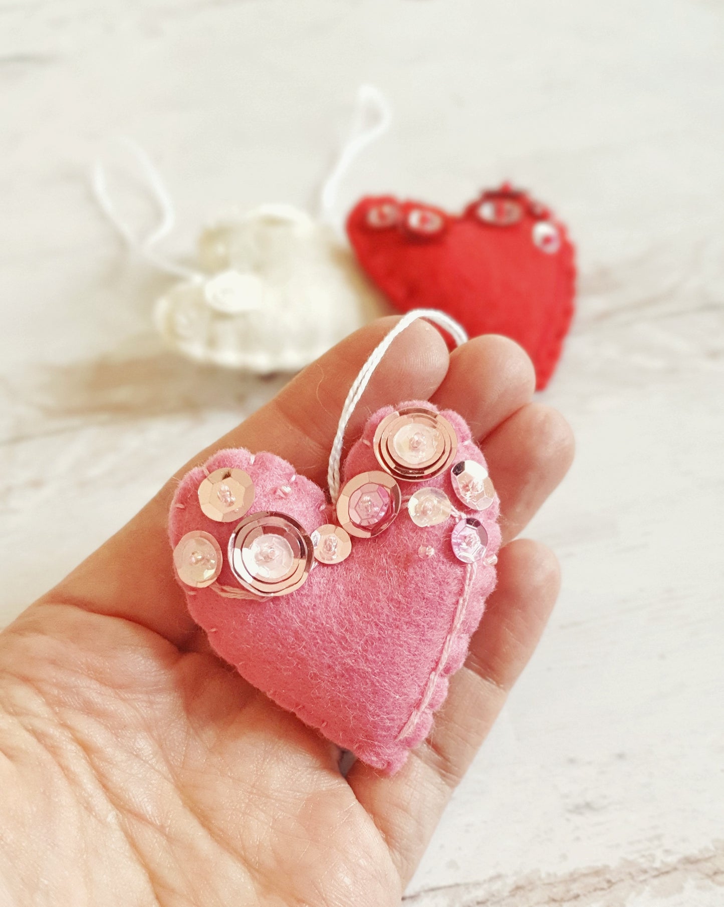 Heart ornament - felt ornaments with sequins - Valentine's day decoration
