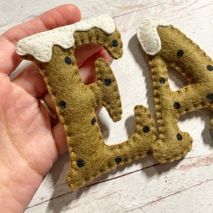 Christmas initial decorations, felt Xmas letter, Gingerbread letters, personalized Christmas gift, packaging letters, Customizable Christmas