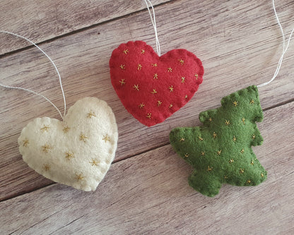Heart ornament with embroidered gold stars - felt decoration for Valentine's day Christmas Baby's shower decor Nursery idea - gift for her