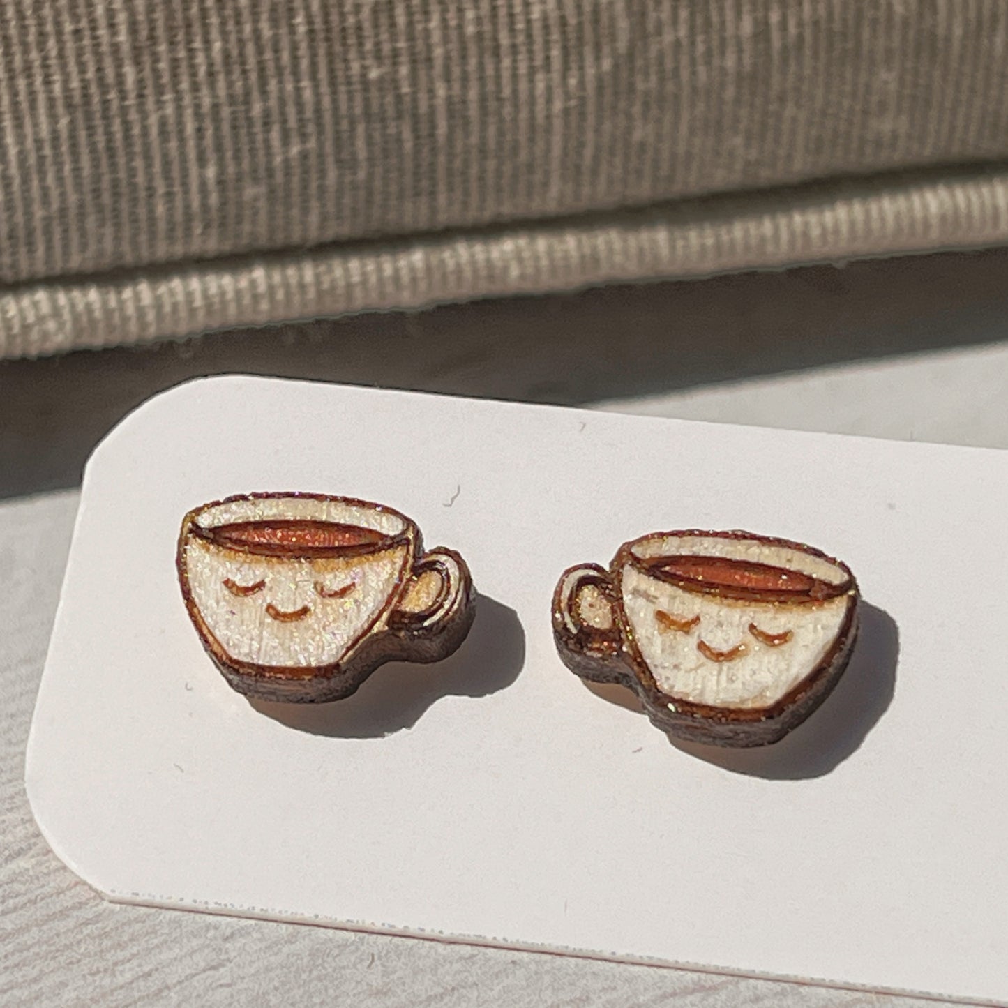 Hand Painted Wooden Smiling Coffee Cup Stud Earrings — Happy Face Earrings — Cute Handmade Gift