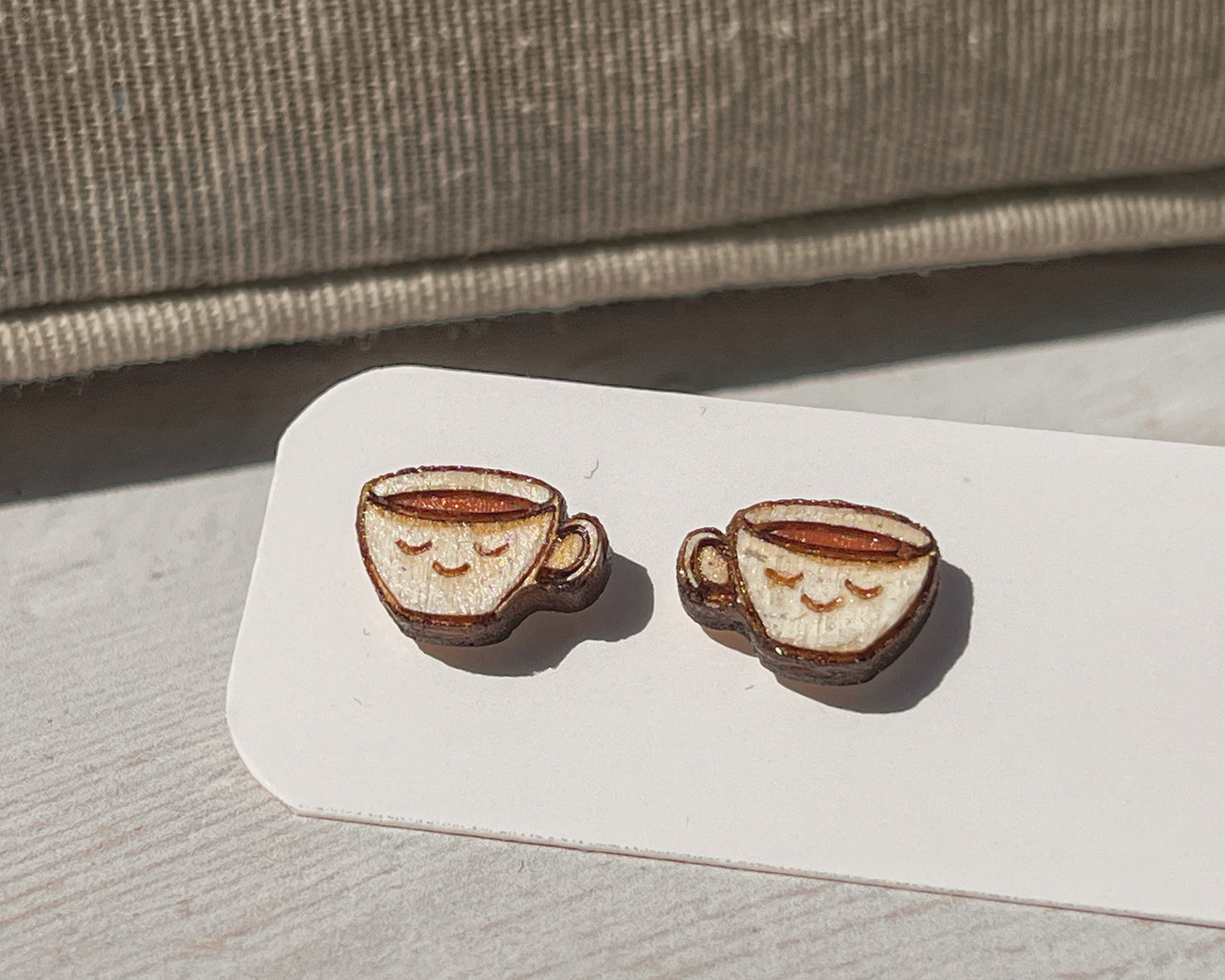 Hand Painted Wooden Smiling Coffee Cup Stud Earrings — Happy Face Earrings — Cute Handmade Gift