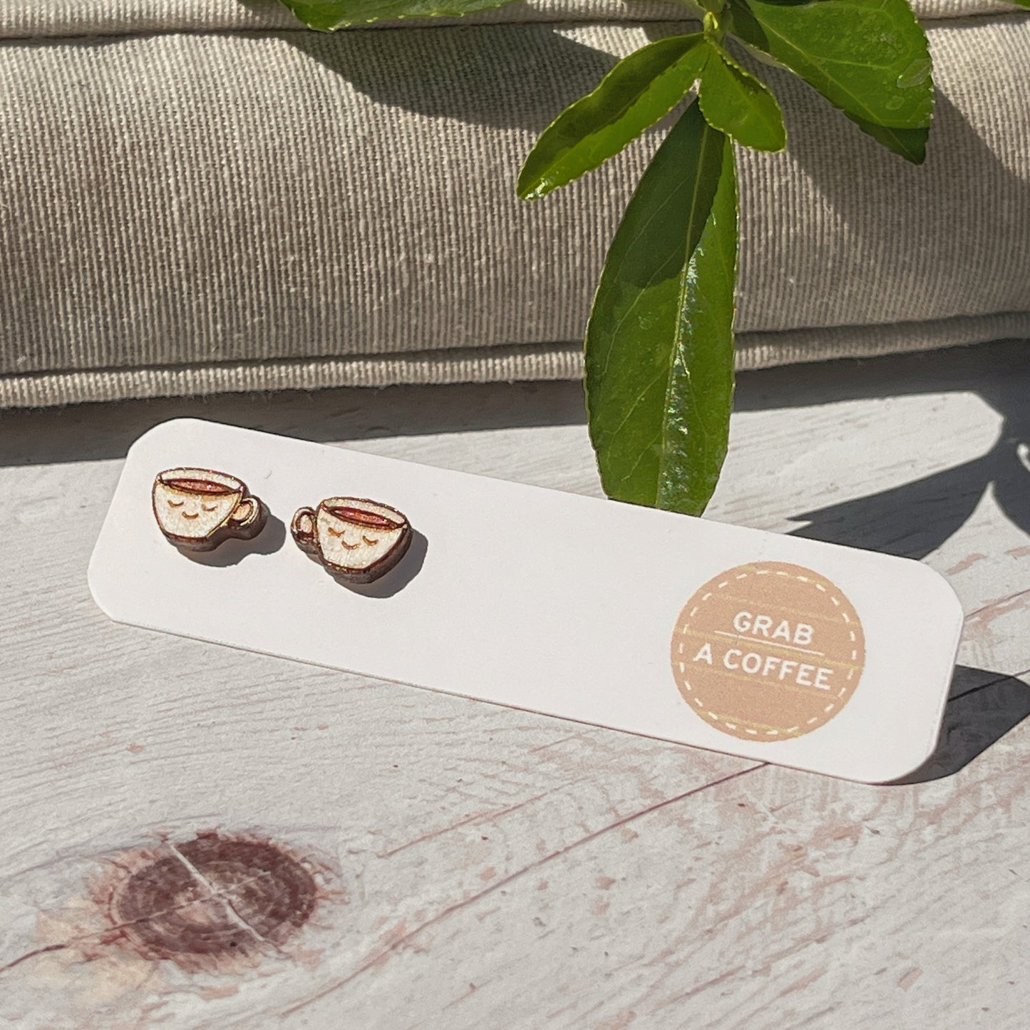 Hand Painted Wooden Smiling Coffee Cup Stud Earrings — Happy Face Earrings — Cute Handmade Gift