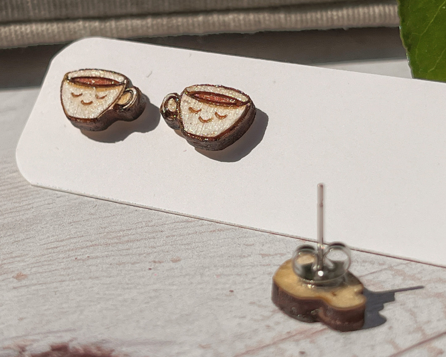 Hand Painted Wooden Smiling Coffee Cup Stud Earrings — Happy Face Earrings — Cute Handmade Gift