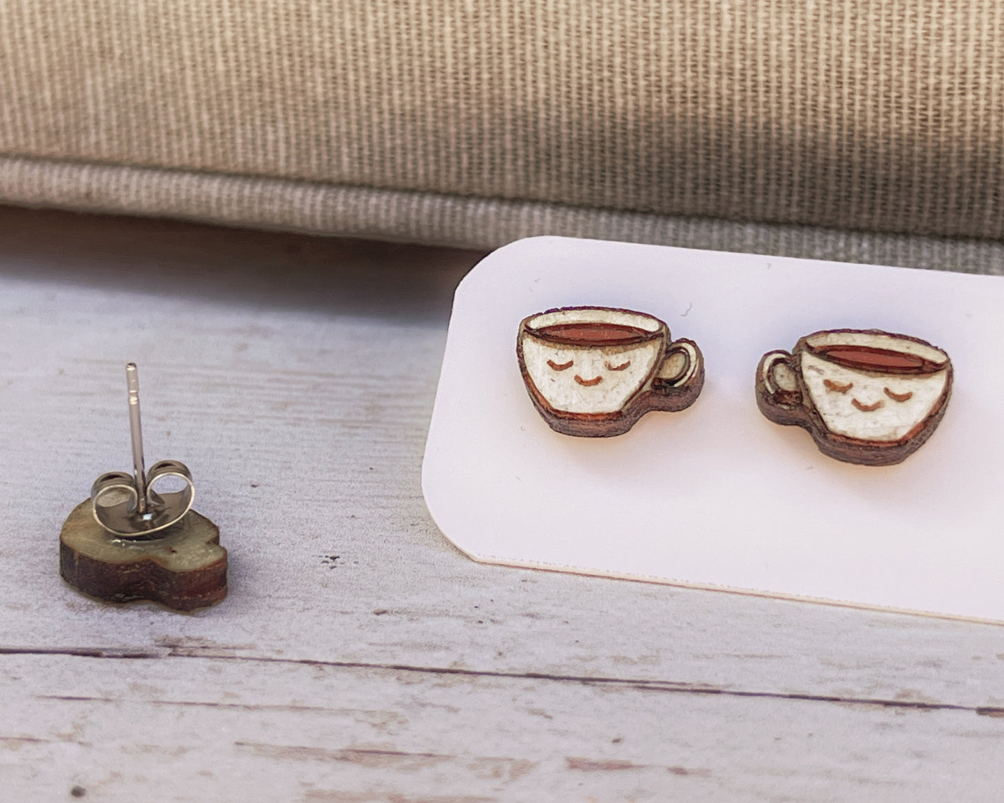 Hand Painted Wooden Smiling Coffee Cup Stud Earrings — Happy Face Earrings — Cute Handmade Gift