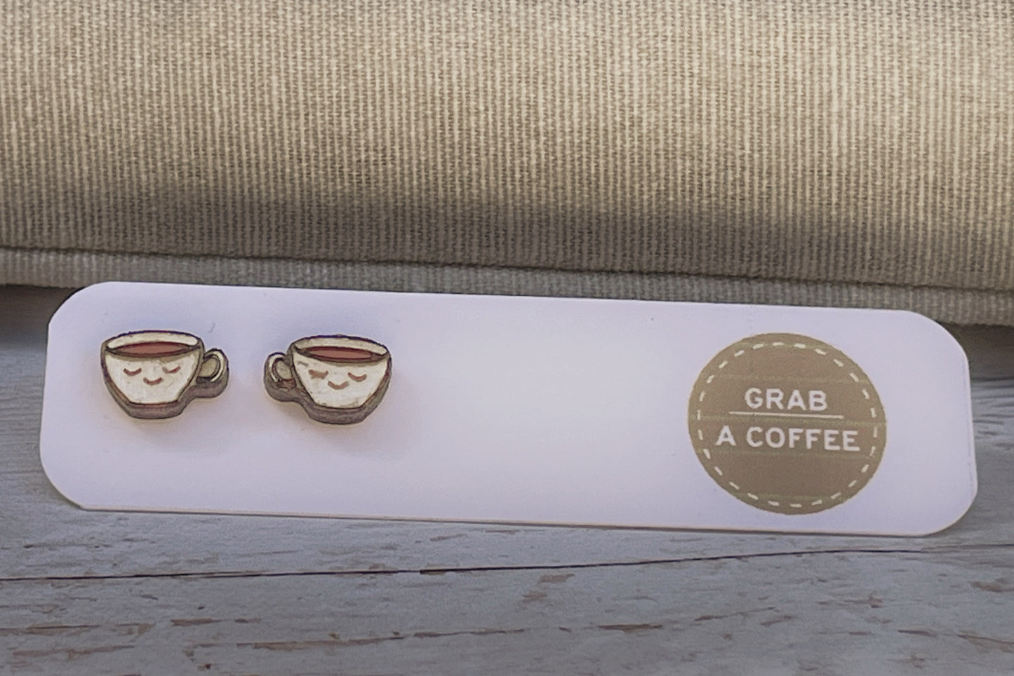 Hand Painted Wooden Smiling Coffee Cup Stud Earrings — Happy Face Earrings — Cute Handmade Gift