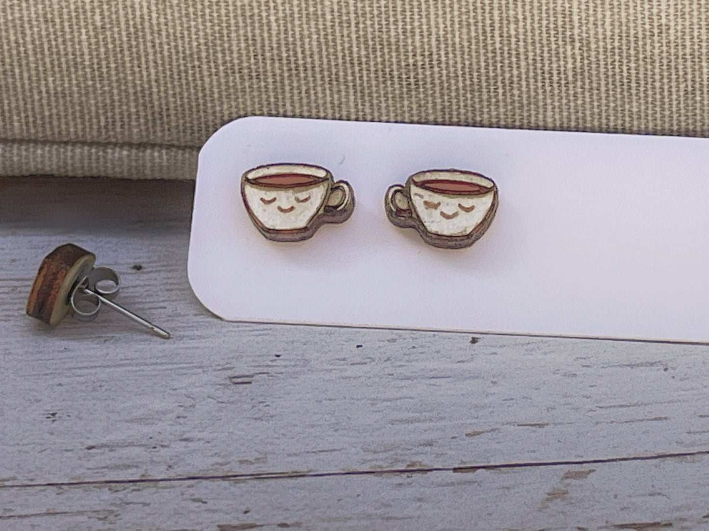 Hand Painted Wooden Smiling Coffee Cup Stud Earrings — Happy Face Earrings — Cute Handmade Gift