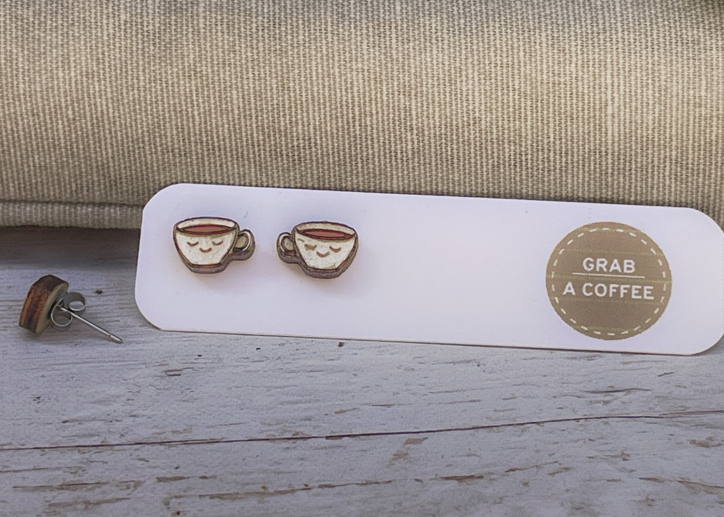 Hand Painted Wooden Smiling Coffee Cup Stud Earrings — Happy Face Earrings — Cute Handmade Gift