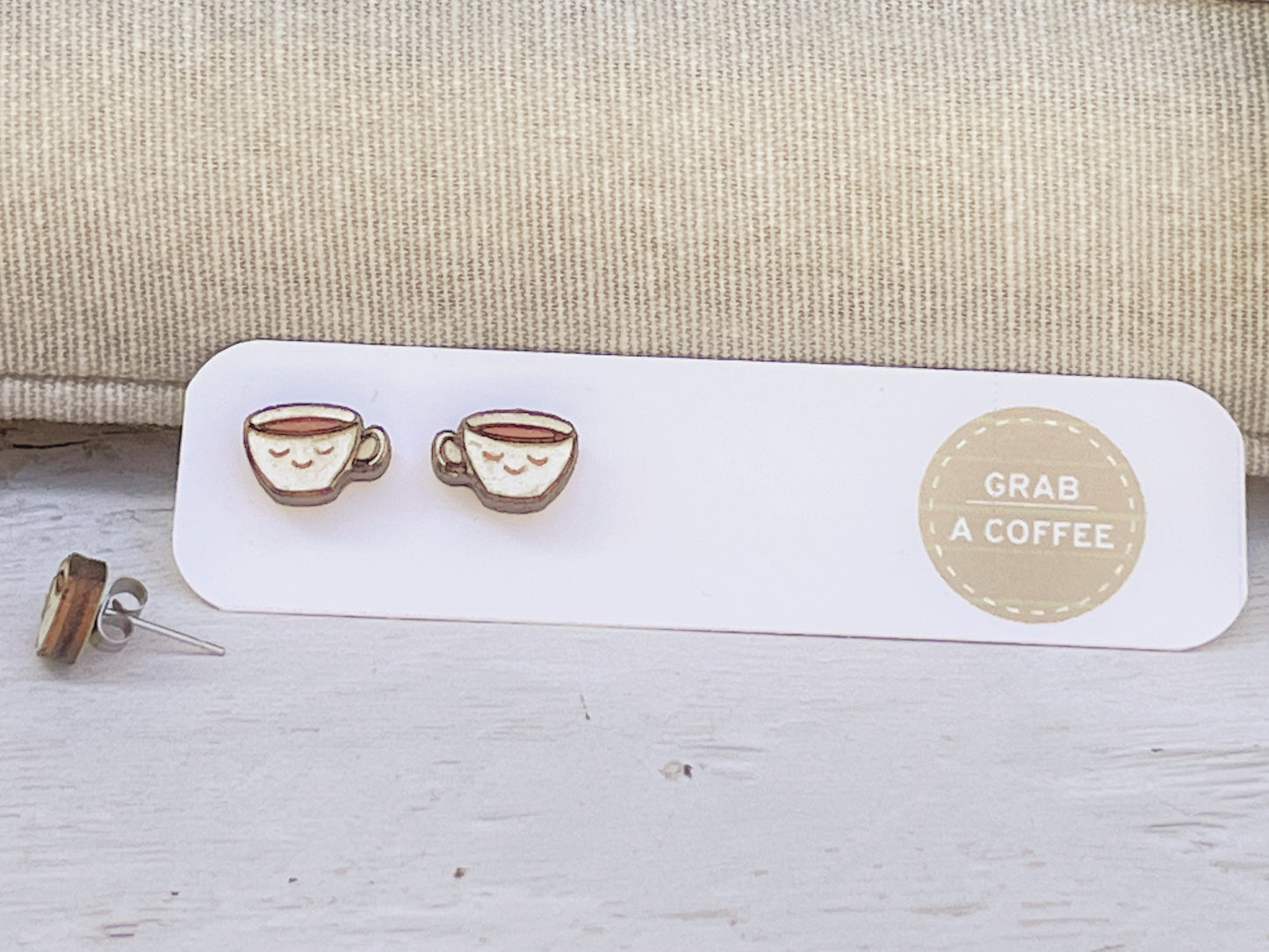 Hand Painted Wooden Smiling Coffee Cup Stud Earrings — Happy Face Earrings — Cute Handmade Gift