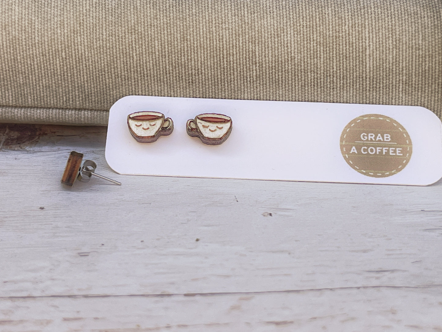Hand Painted Wooden Smiling Coffee Cup Stud Earrings — Happy Face Earrings — Cute Handmade Gift