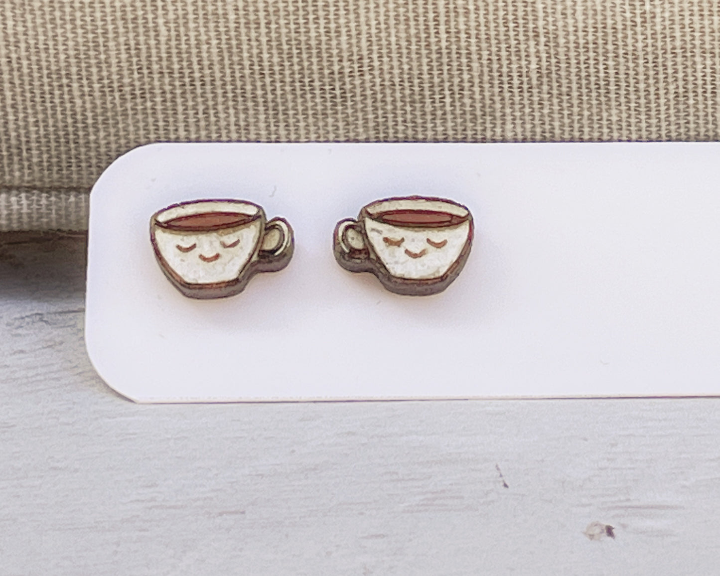Hand Painted Wooden Smiling Coffee Cup Stud Earrings — Happy Face Earrings — Cute Handmade Gift