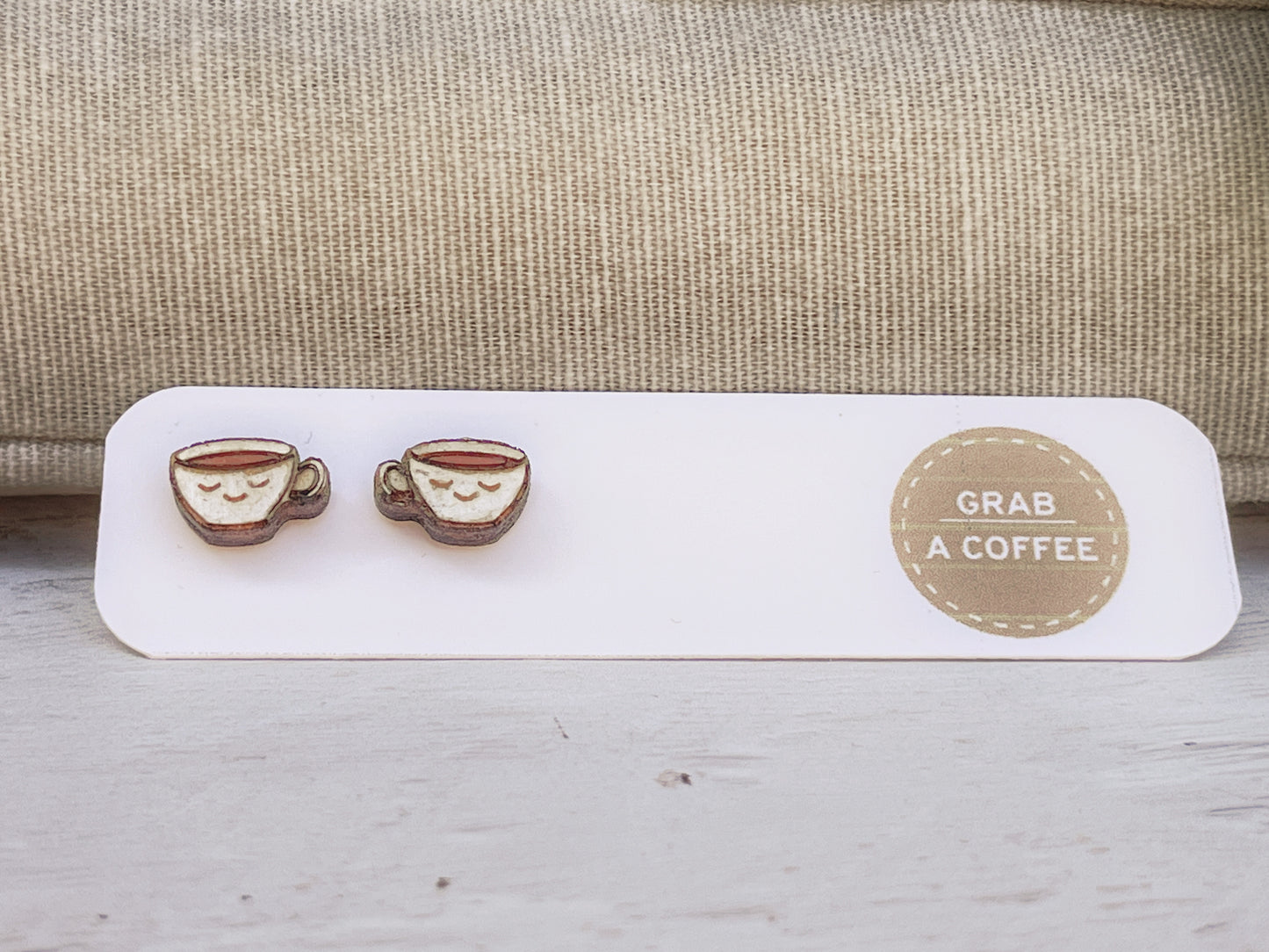 Hand Painted Wooden Smiling Coffee Cup Stud Earrings — Happy Face Earrings — Cute Handmade Gift