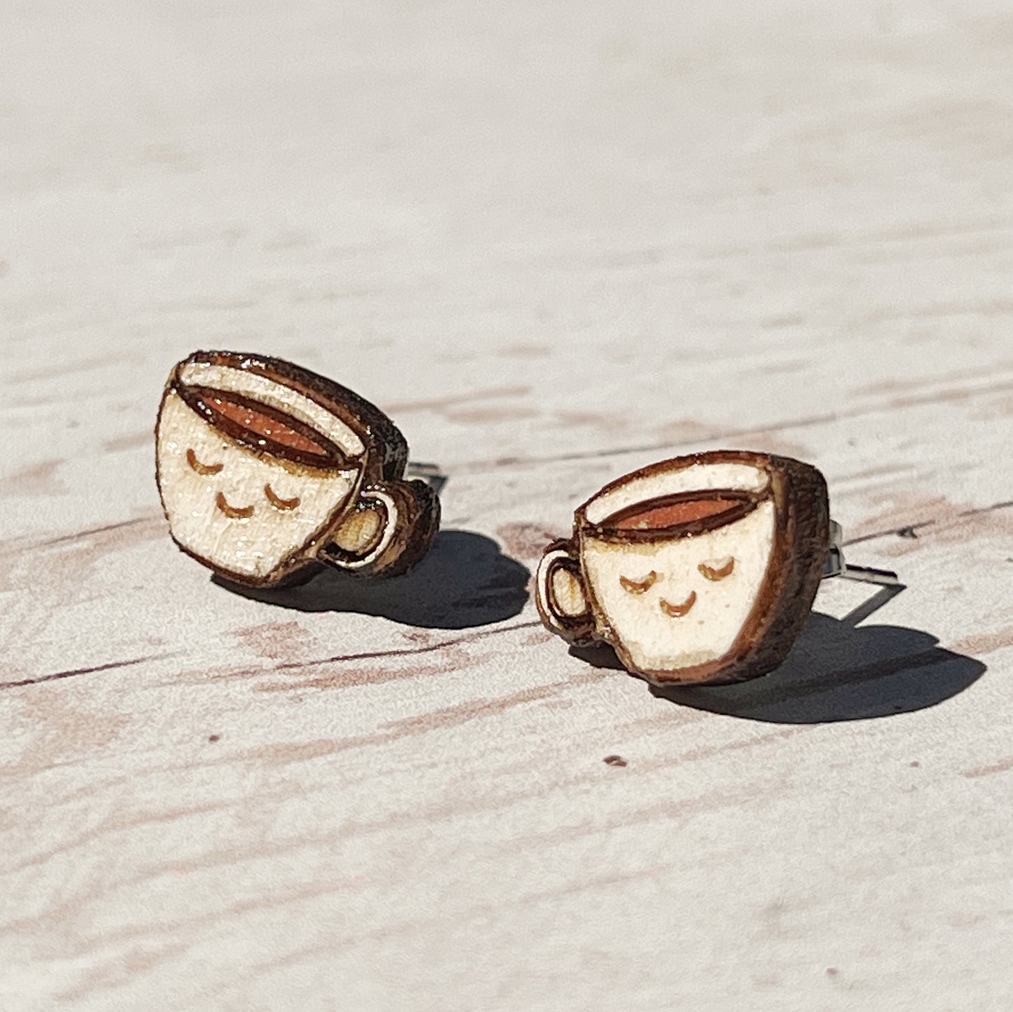 Hand Painted Wooden Smiling Coffee Cup Stud Earrings — Happy Face Earrings — Cute Handmade Gift
