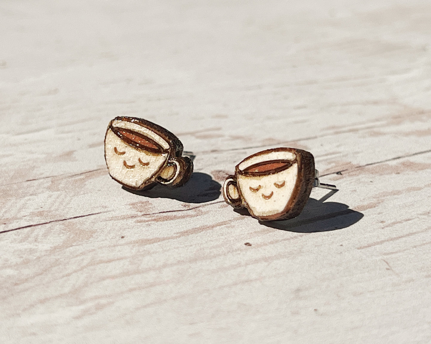 Hand Painted Wooden Smiling Coffee Cup Stud Earrings — Happy Face Earrings — Cute Handmade Gift