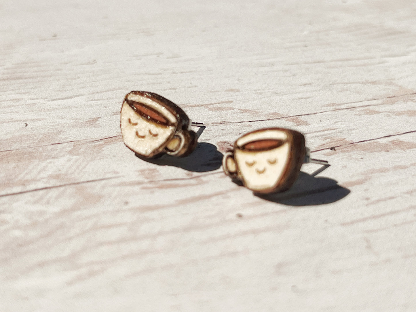 Hand Painted Wooden Smiling Coffee Cup Stud Earrings — Happy Face Earrings — Cute Handmade Gift