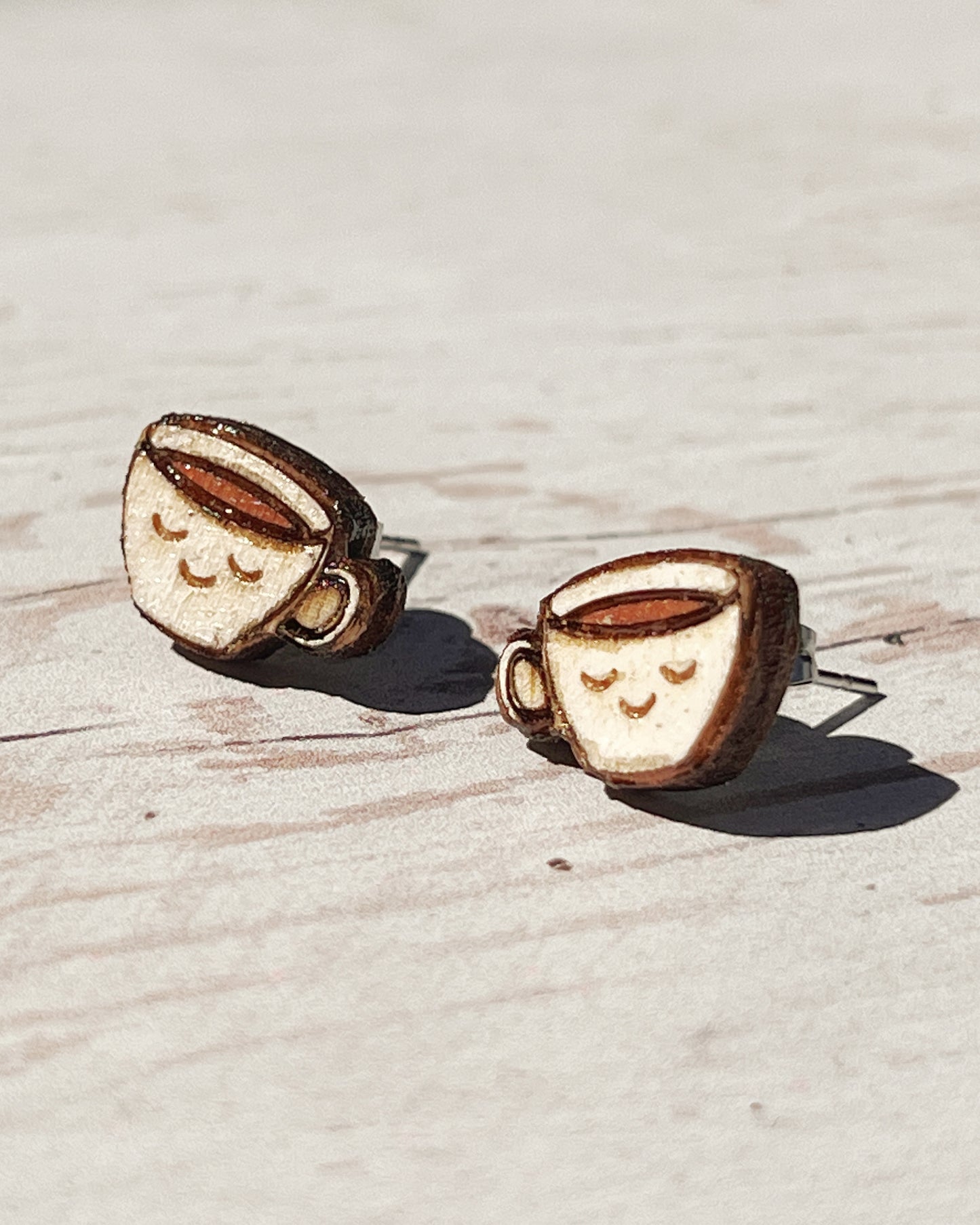 Hand Painted Wooden Smiling Coffee Cup Stud Earrings — Happy Face Earrings — Cute Handmade Gift