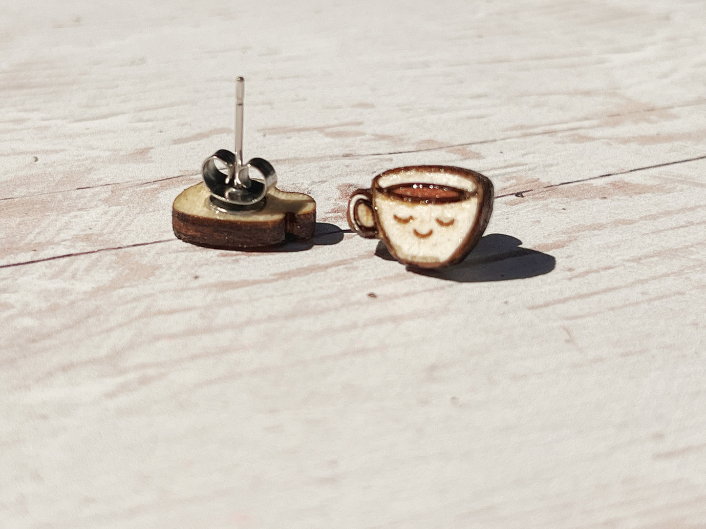 Hand Painted Wooden Smiling Coffee Cup Stud Earrings — Happy Face Earrings — Cute Handmade Gift