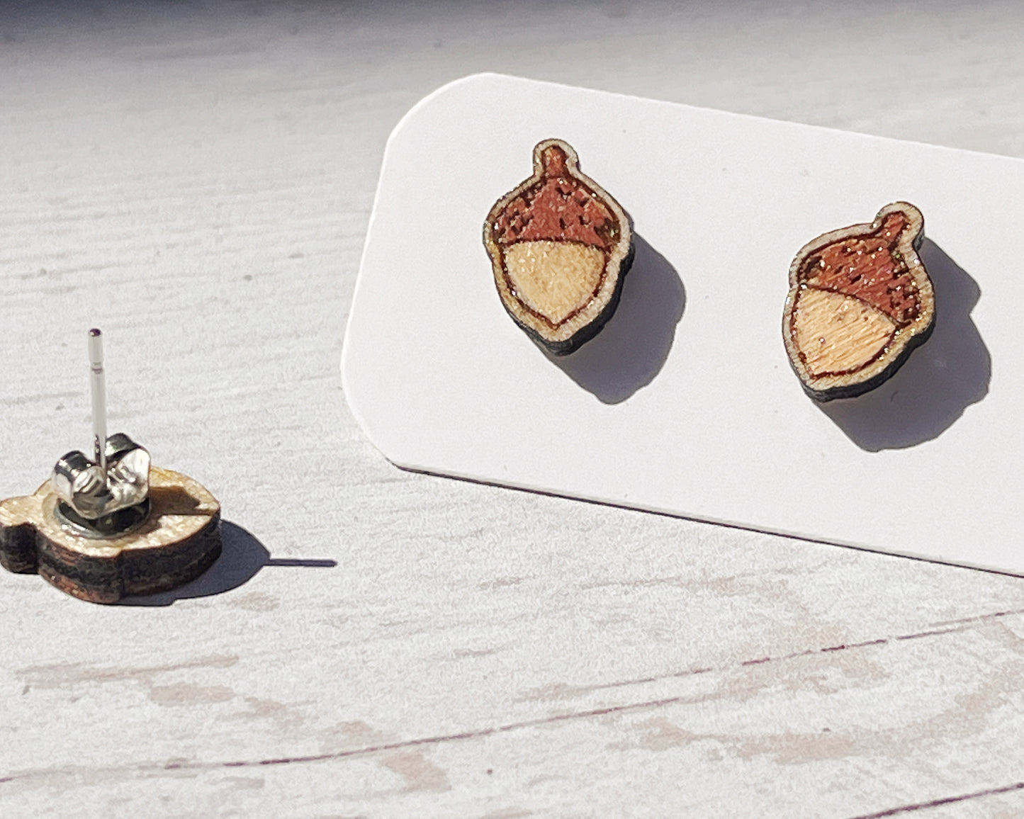 Hand Painted Wooden Acorn Stud Earrings — Handmade Nature Jewellery Gift