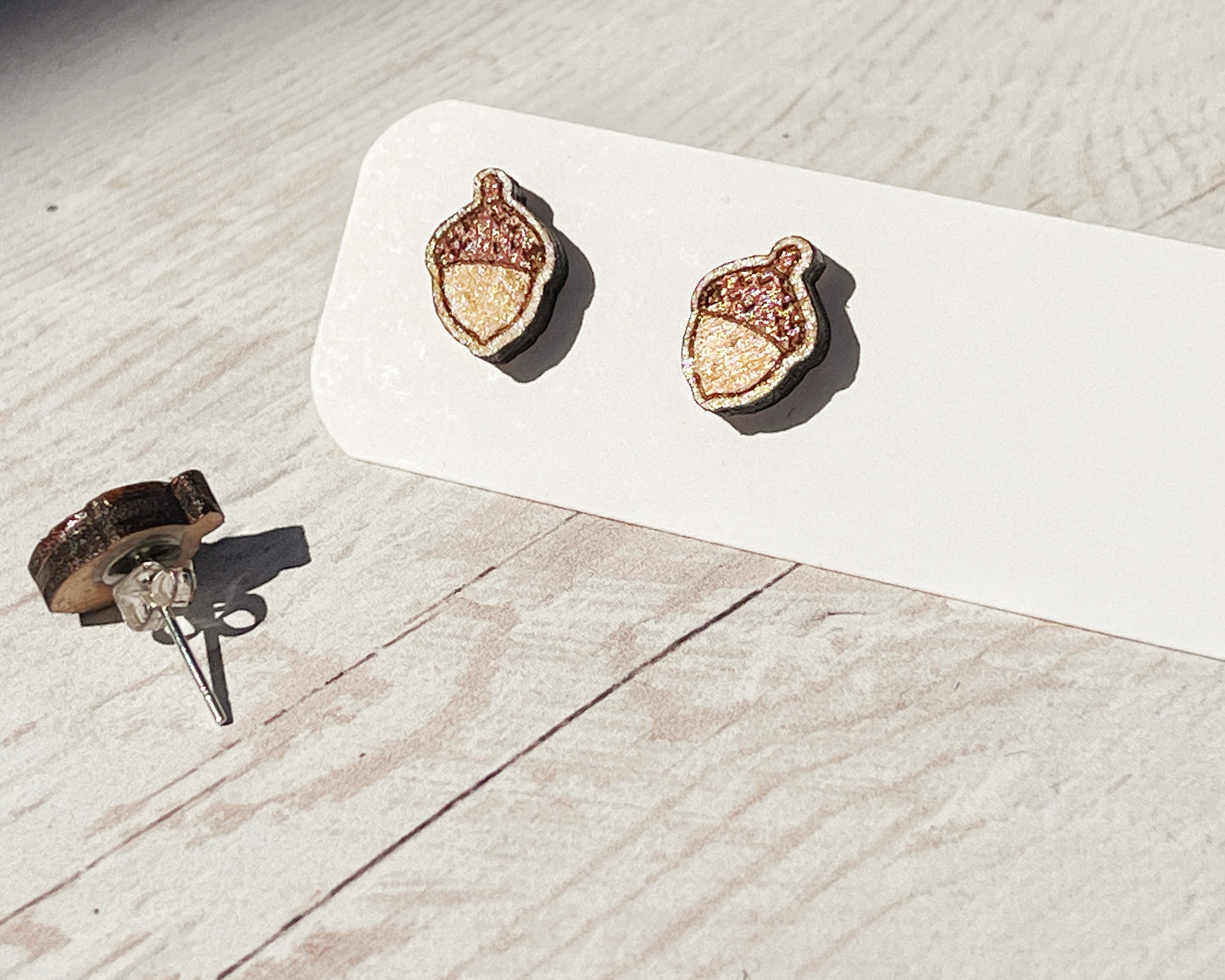 Hand Painted Wooden Acorn Stud Earrings — Handmade Nature Jewellery Gift