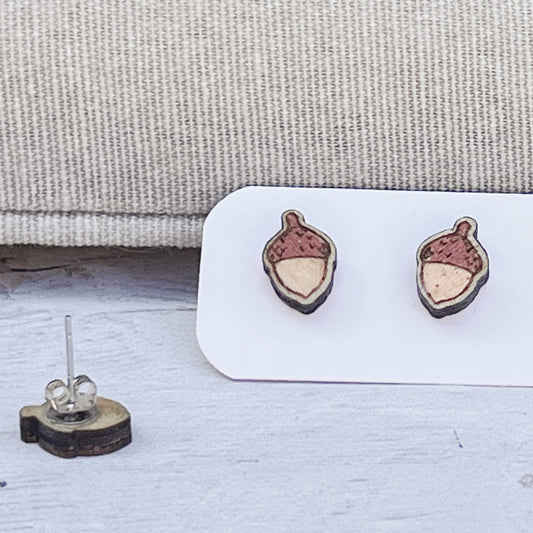 Hand Painted Wooden Acorn Stud Earrings — Handmade Nature Jewellery Gift