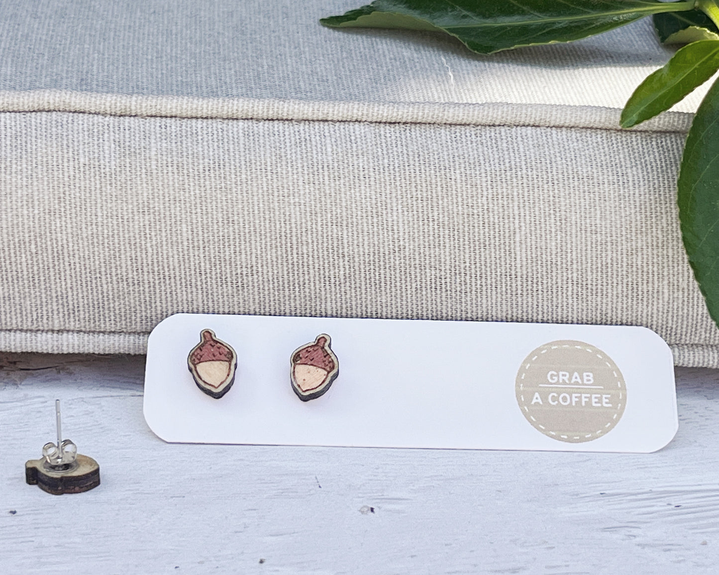 Hand Painted Wooden Acorn Stud Earrings — Handmade Nature Jewellery Gift