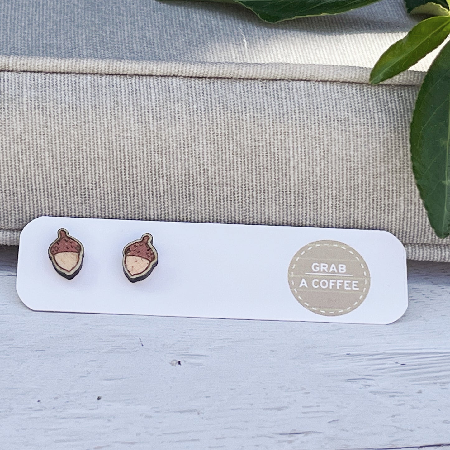 Hand Painted Wooden Acorn Stud Earrings — Handmade Nature Jewellery Gift