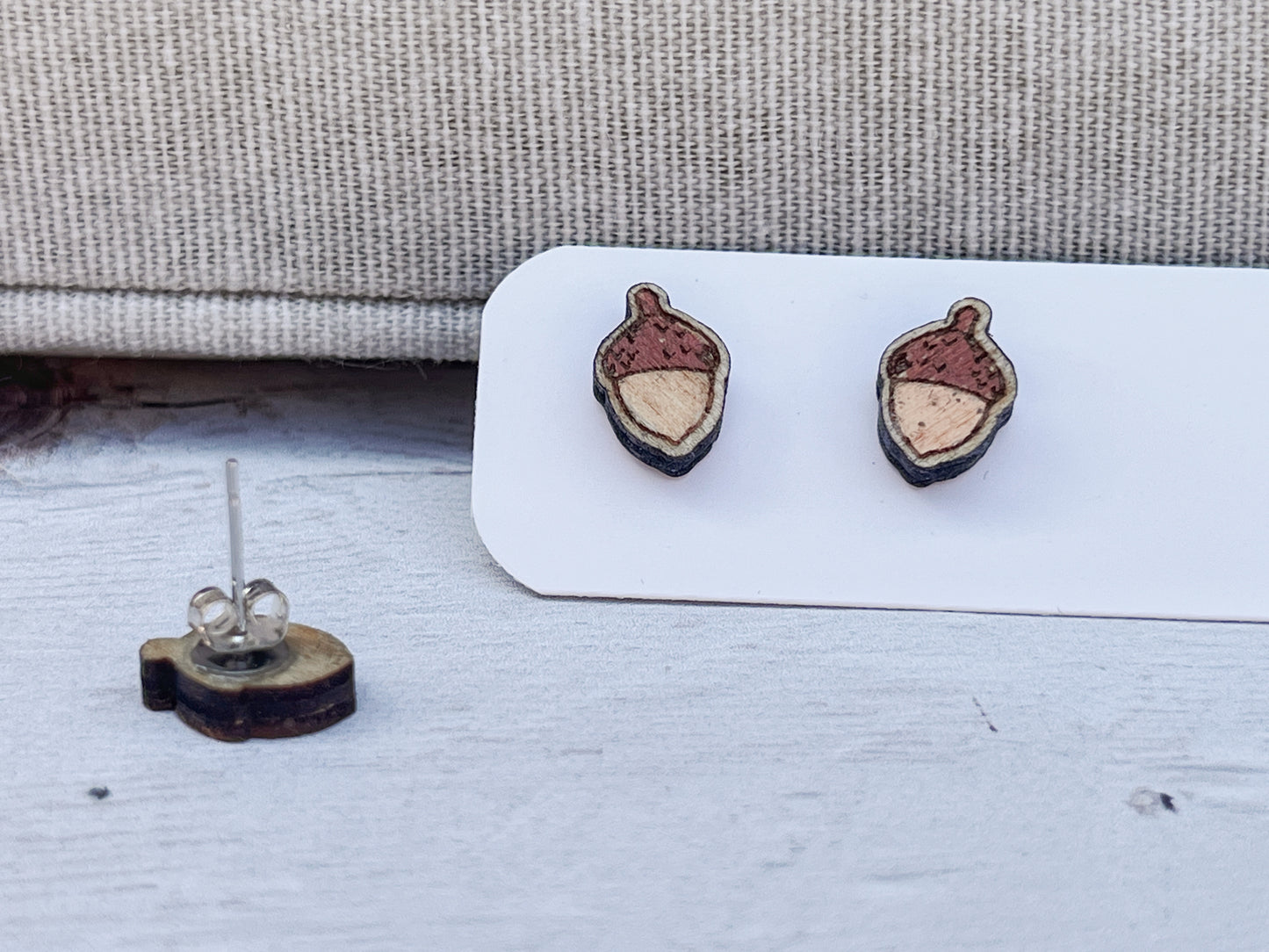 Hand Painted Wooden Acorn Stud Earrings — Handmade Nature Jewellery Gift