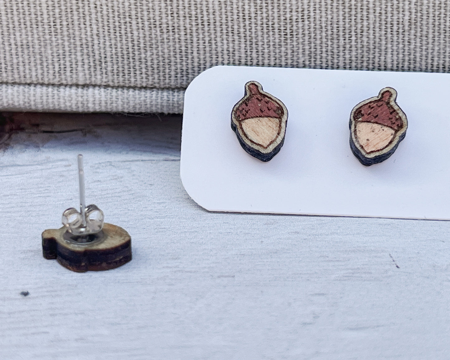 Hand Painted Wooden Acorn Stud Earrings — Handmade Nature Jewellery Gift