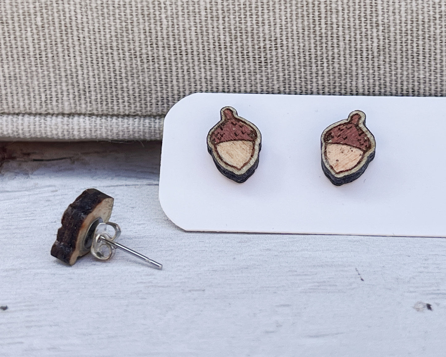 Hand Painted Wooden Acorn Stud Earrings — Handmade Nature Jewellery Gift