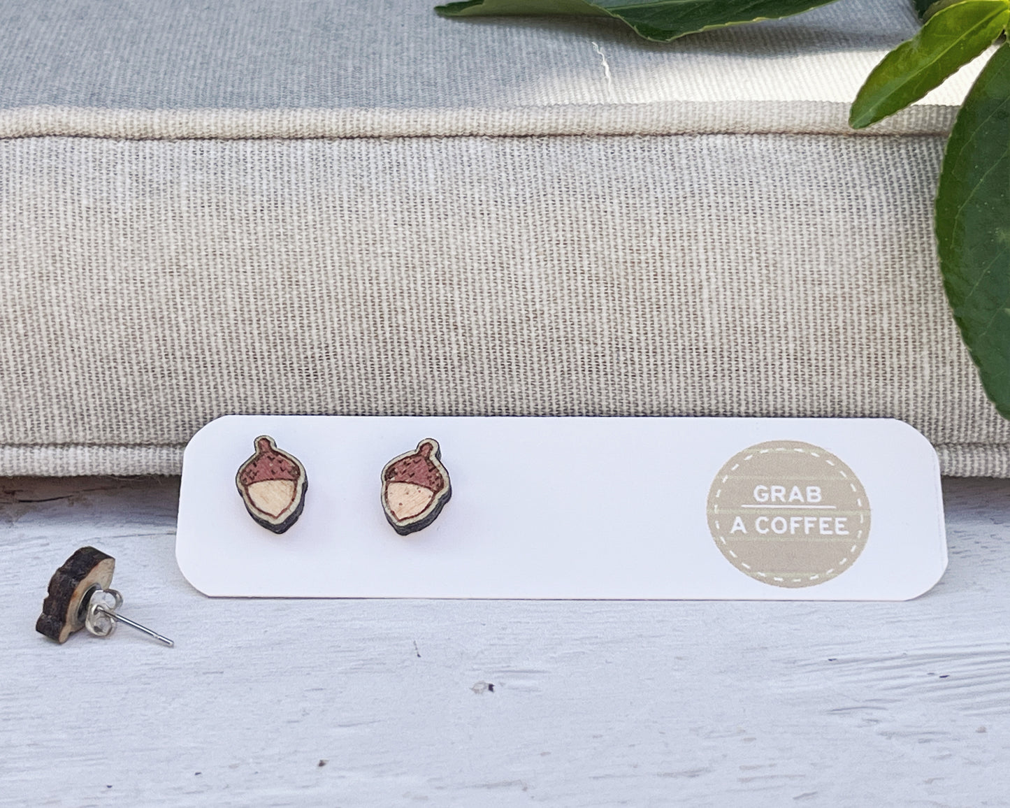 Hand Painted Wooden Acorn Stud Earrings — Handmade Nature Jewellery Gift