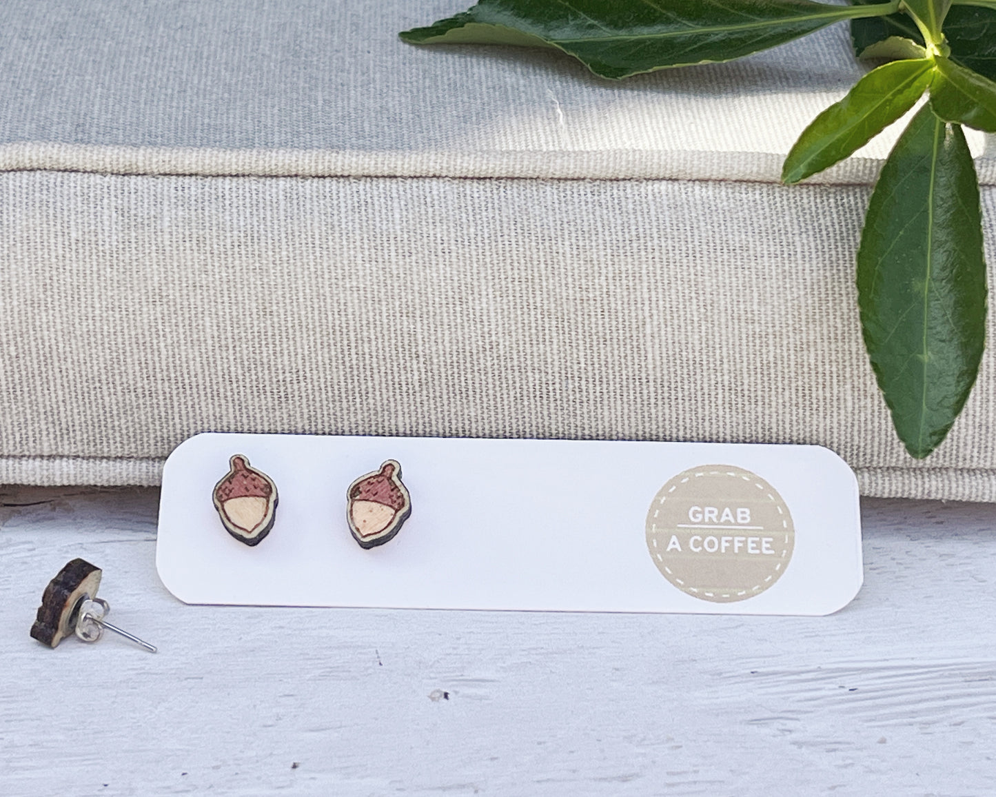 Hand Painted Wooden Acorn Stud Earrings — Handmade Nature Jewellery Gift