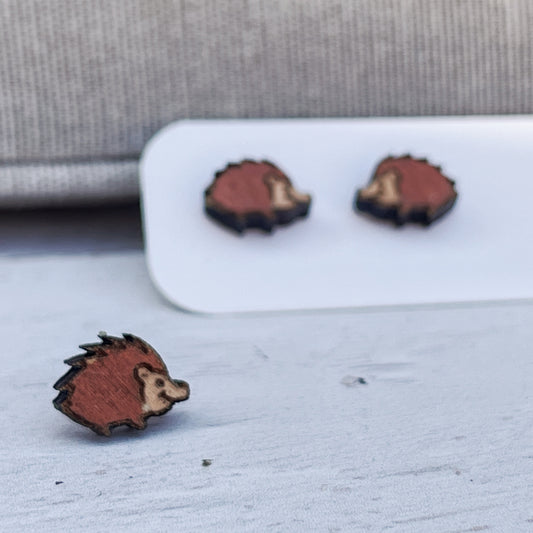 Wooden Hedgehog Earrings — Hand Painted Stud Earrings for Animal Lovers