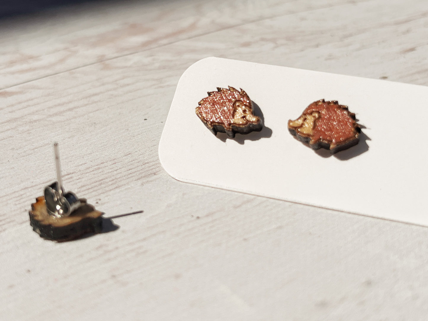 Wooden Hedgehog Earrings — Hand Painted Stud Earrings for Animal Lovers