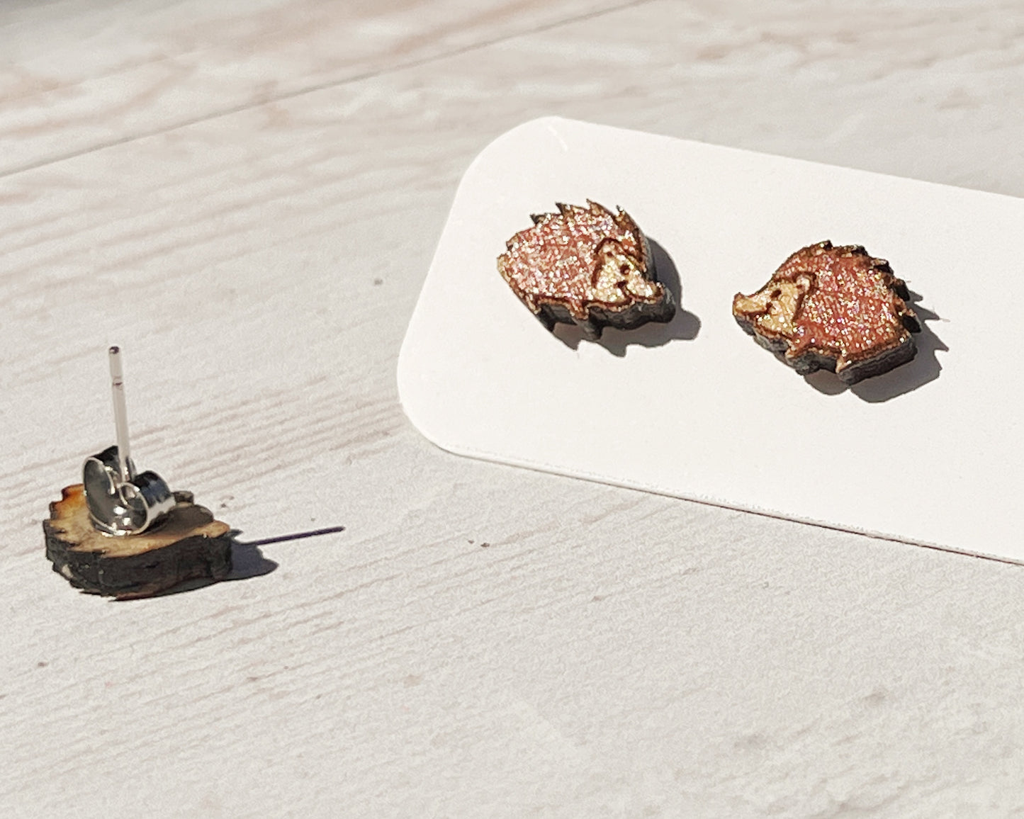Wooden Hedgehog Earrings — Hand Painted Stud Earrings for Animal Lovers