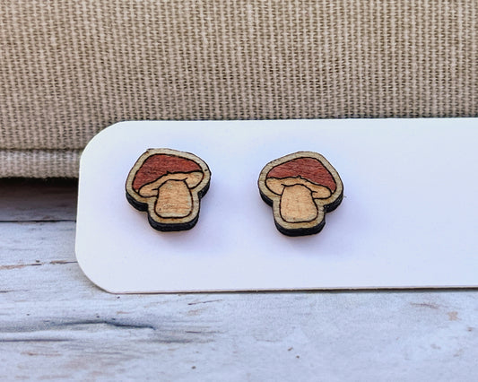 Mushroom Studs — Hand-Painted Wooden Earrings