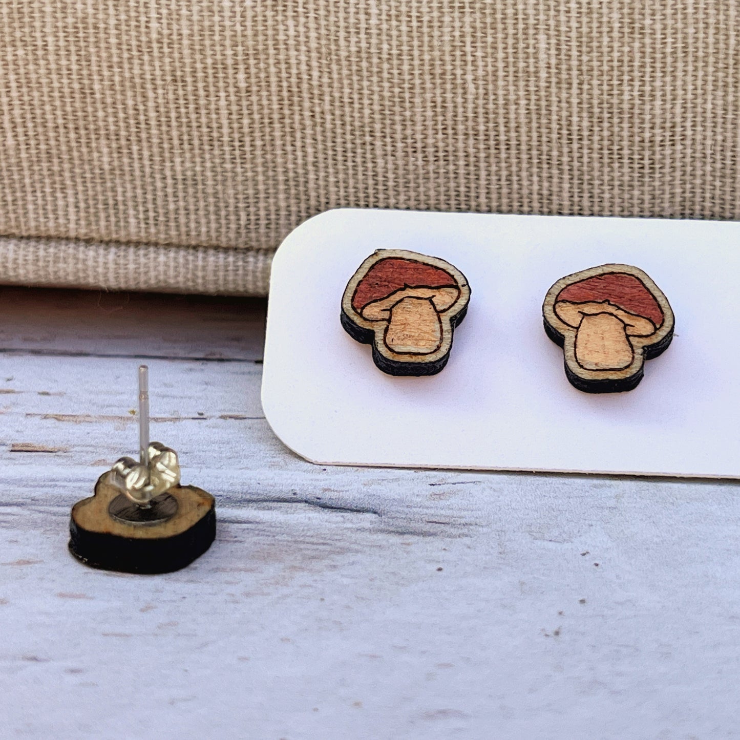 Mushroom Studs — Hand-Painted Wooden Earrings
